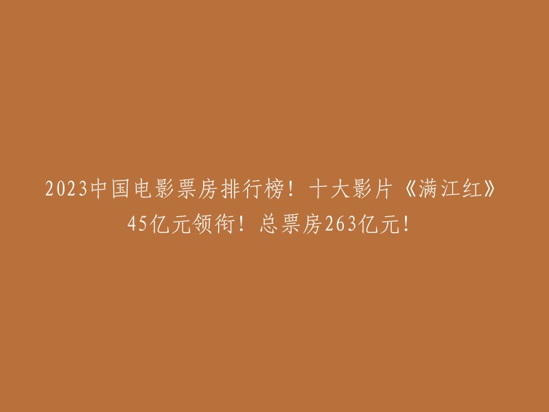 023年中国电影票房排行榜已经出来了！根据猫眼专业版数据，2023年度票房冠军为春节档影片《满江红》，总票房45.44亿元；第二名同样是春节档影片《流浪地球2》，总票房40.29亿元；第三名是暑期档影片《孤注一掷》，总票房38.48亿元。 