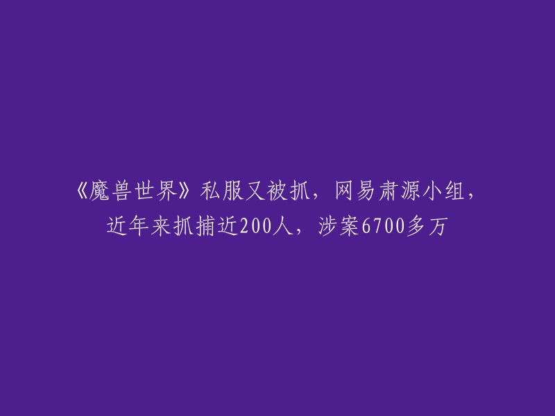 网易肃源小组成功打击《魔兽世界》私服，年内已逮捕近200人，涉案金额超过六千七百万"