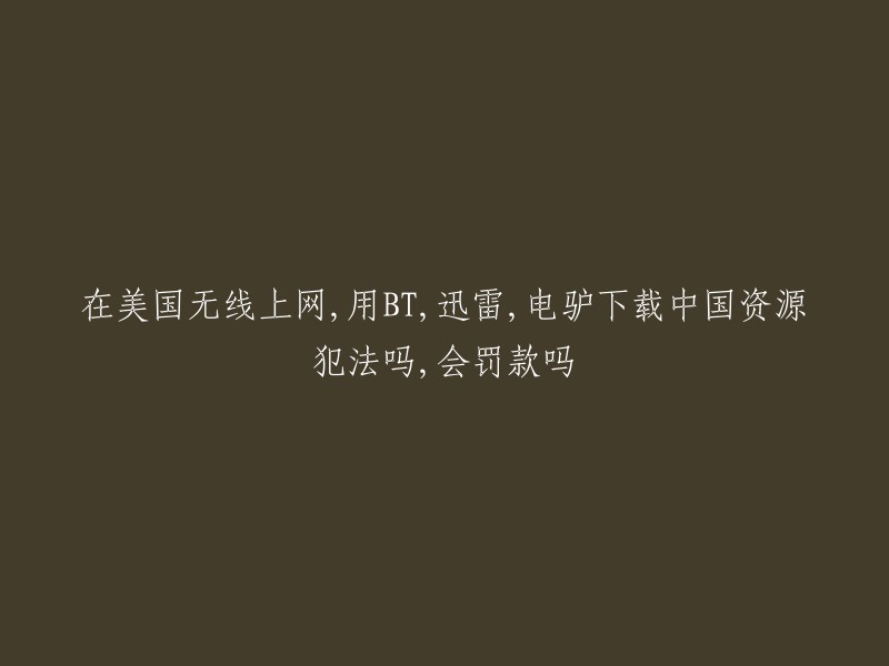 在美国，使用BT、迅雷或电驴等工具下载中国资源本身并不犯法，但具体是否违法取决于内容来源和服务器位置。  一些人可能会担心被罚款，但是实际上这种情况很少发生。